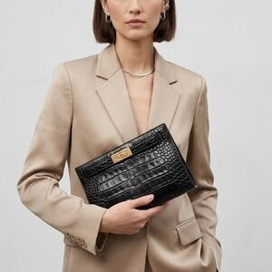 Tory Burch Lee Radziwill Black Croc-Embossed Leather Petite Bag